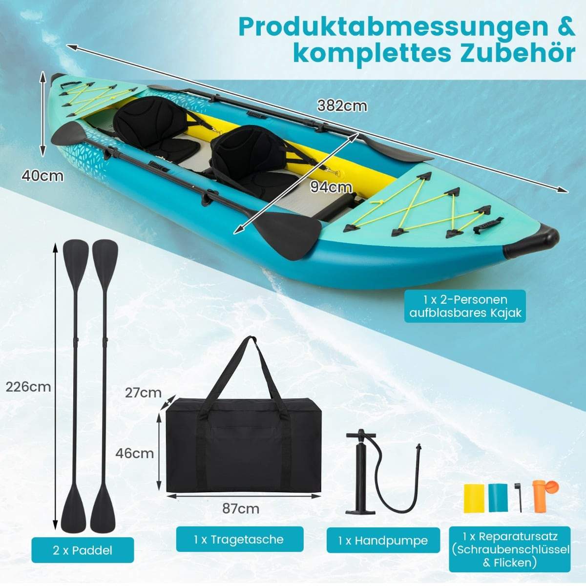 Oppusteligt kajaksæt med aluminiumsårer og EVA-sæder