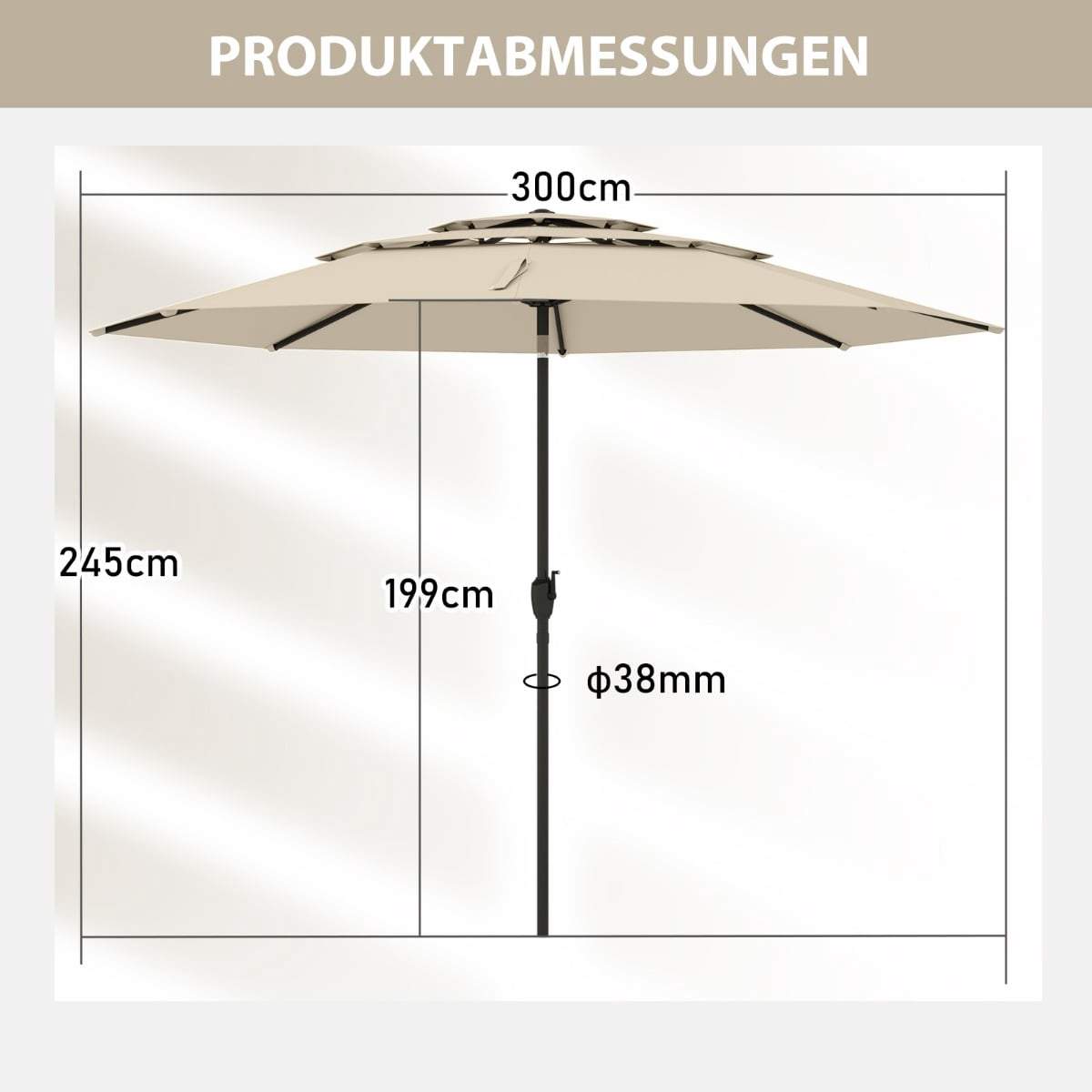 Vindtæt terrasseparasol, 300 cm, vippe- og drejefunktion, beige
