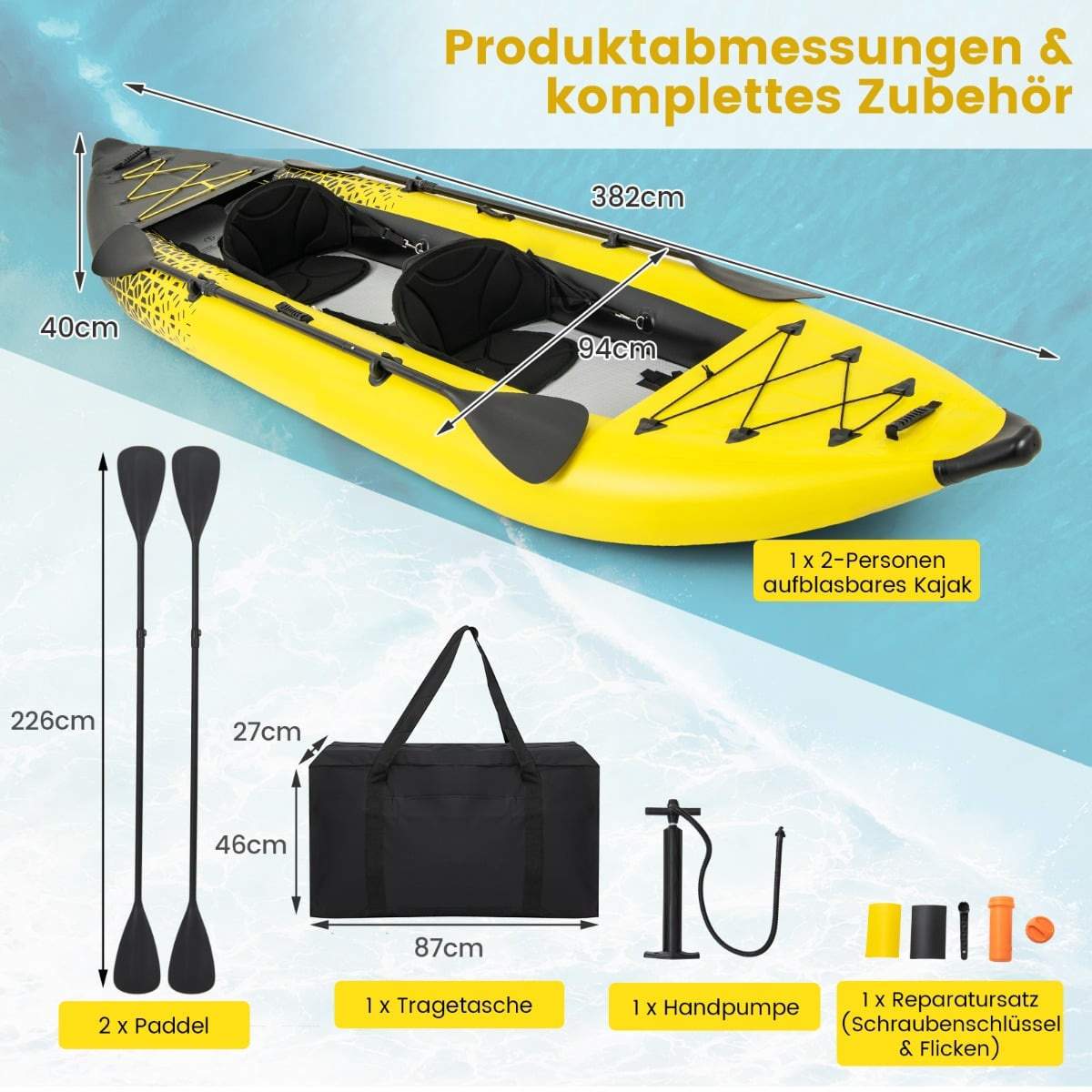 Oppusteligt kajaksæt med aluminiumspadler og EVA-sæder