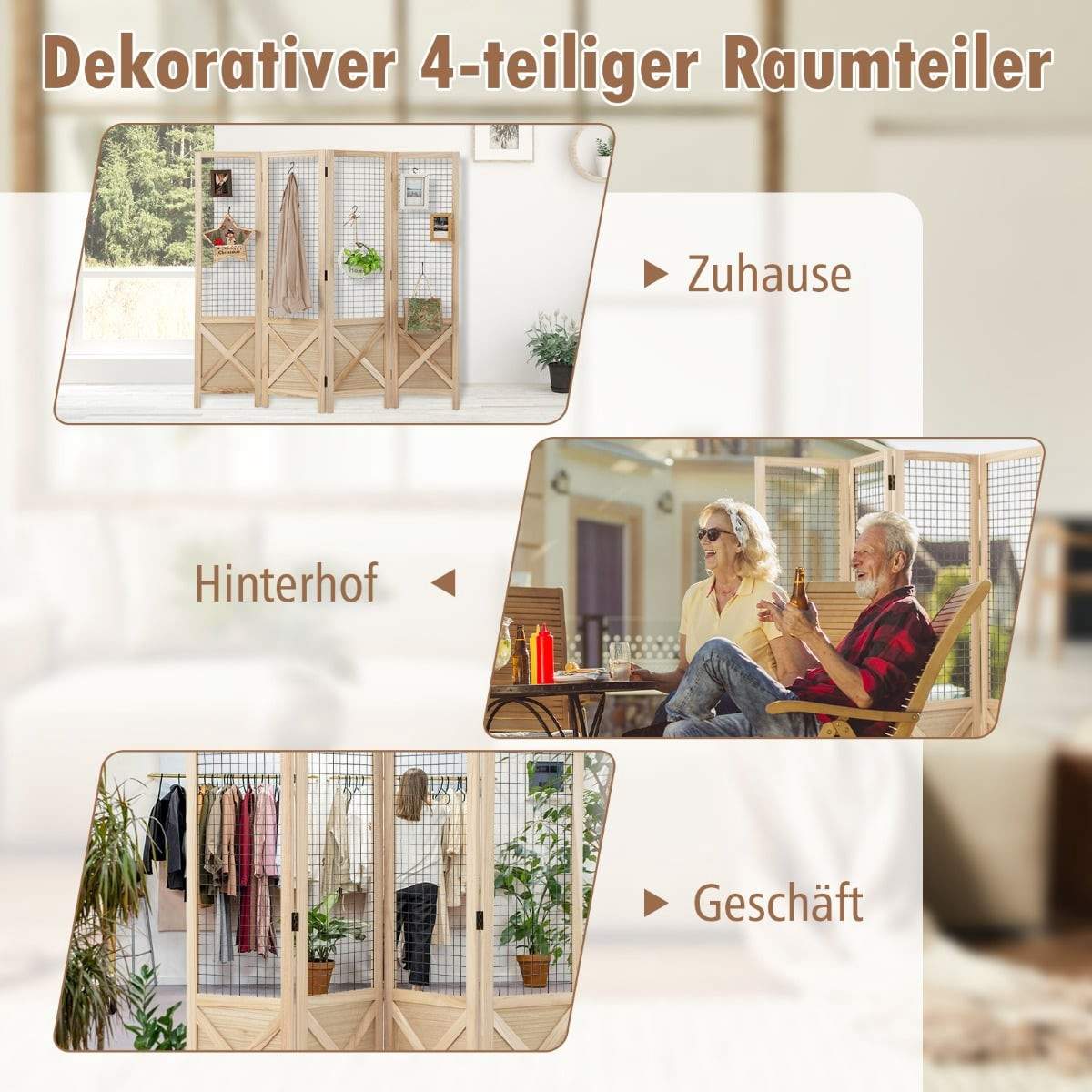 Sammenklappelig rumdeler – 4-panels træskærm, 151 x 144 cm