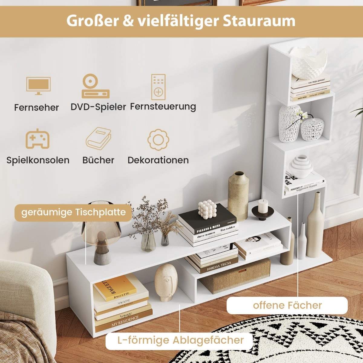 TV-bord i træ med bogreol til 50" TV – Hvid