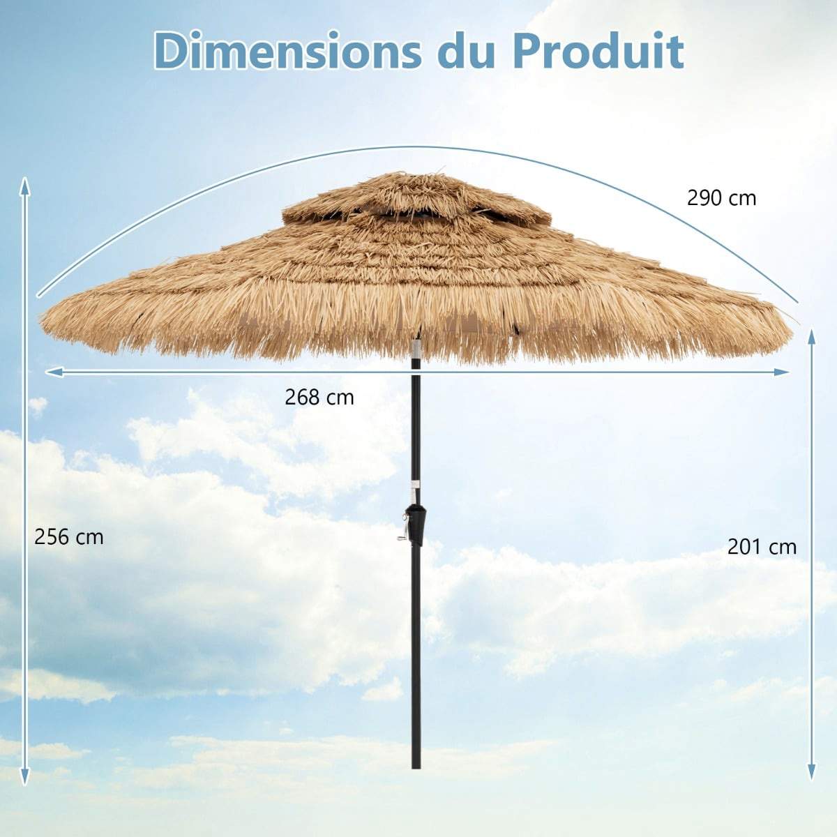 Hawaii-stil terrasseparasol, solcelledrevet LED, 270 cm