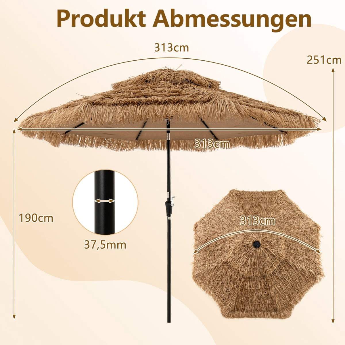 Soldrevet Tiki-paraply med LED-lys – 313 cm