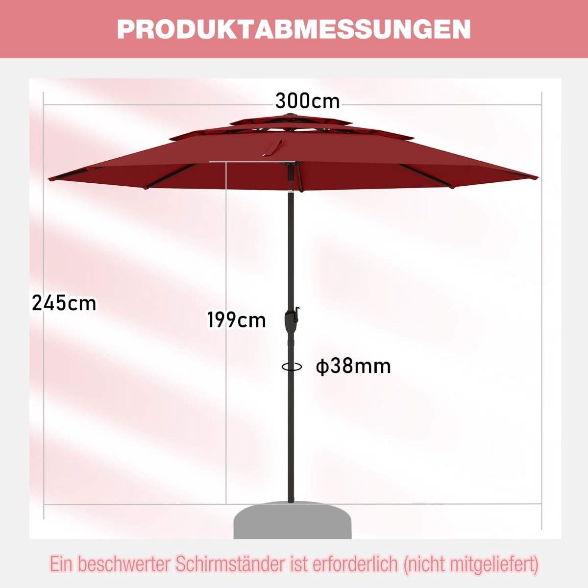 Vindtæt terrasseparasol, 300 cm, vippe- og drejefunktion, vinrød