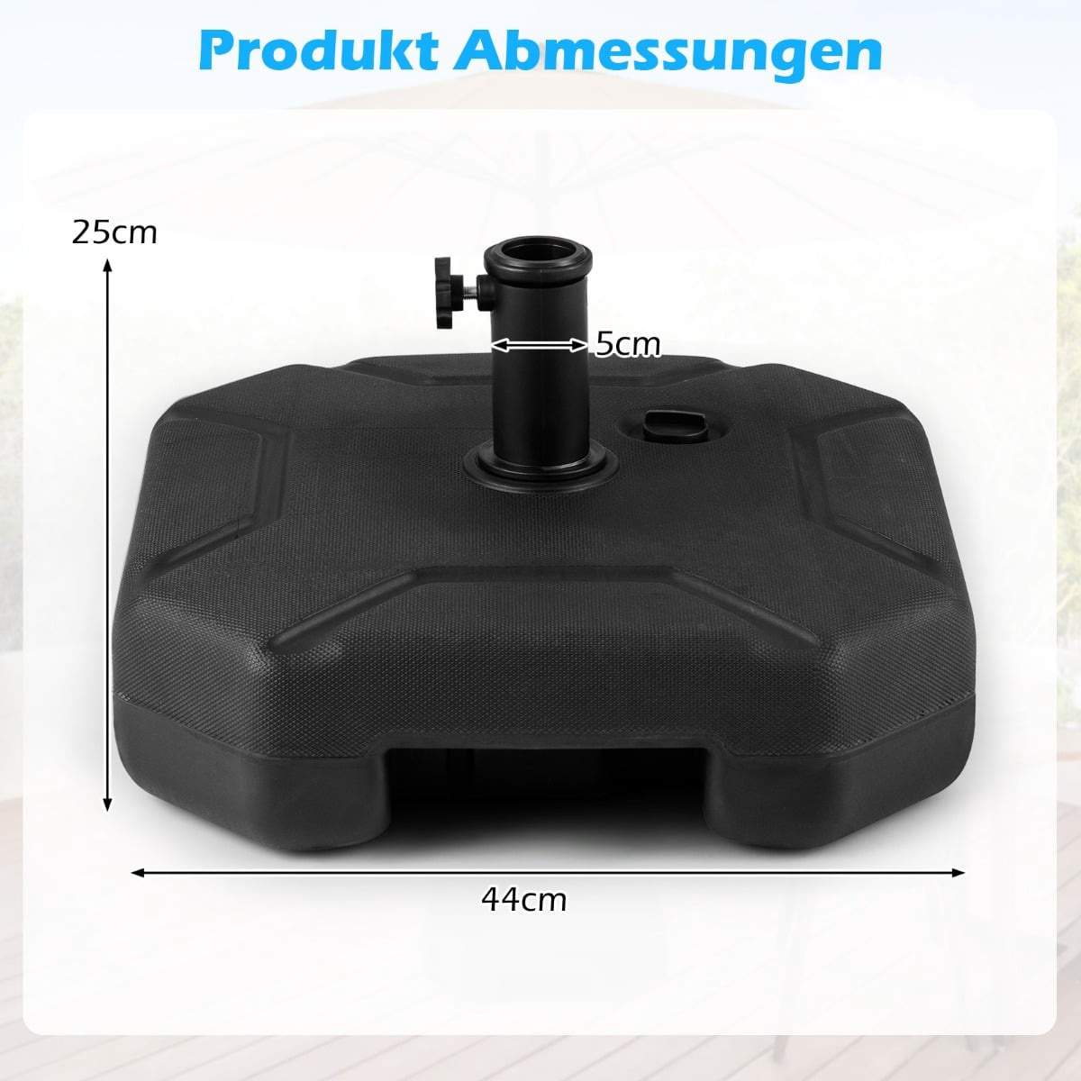 Fyldbar paraplybase – 17,5 l vand eller 30 kg sandkapacitet