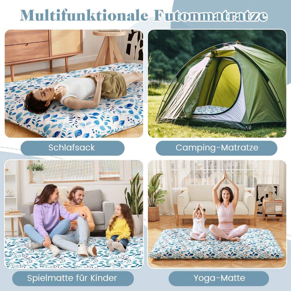 Japansk futonmadras, vaskbart betræk og pose, 140x200 cm