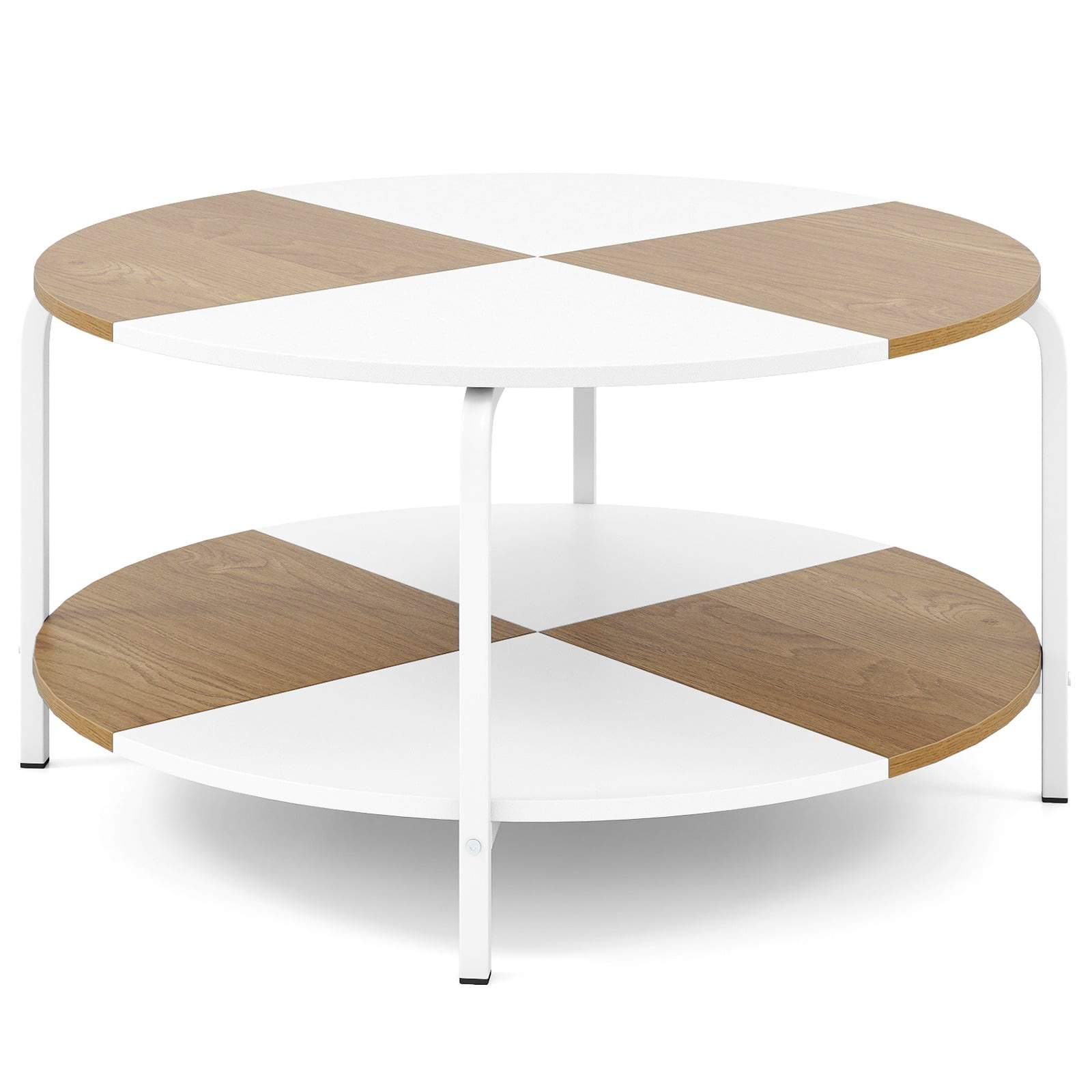 Rundt sofabord med hylde – hvidt og naturligt træ