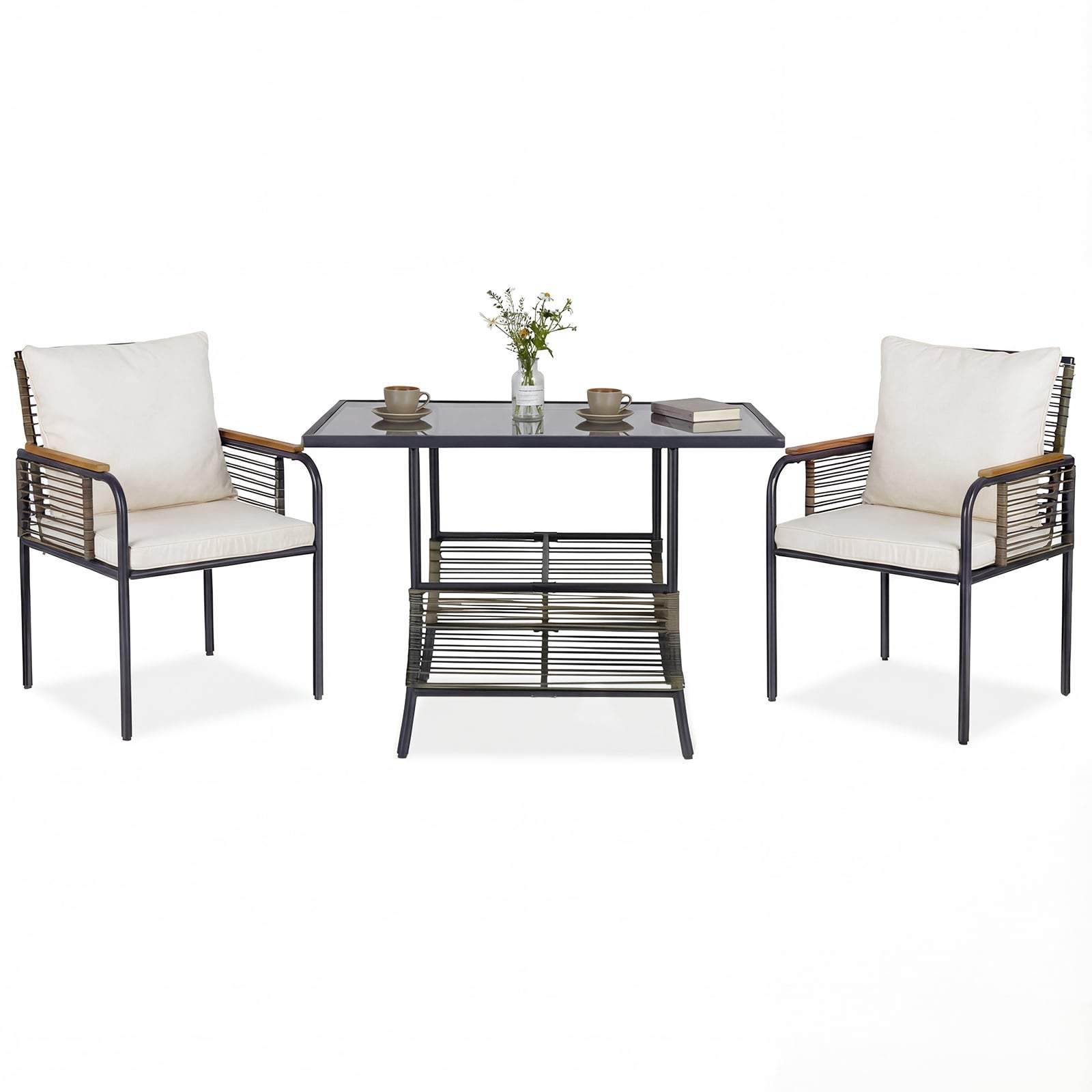 3-delt pladsbesparende udendørs spisebordssæt i rattan med hynder