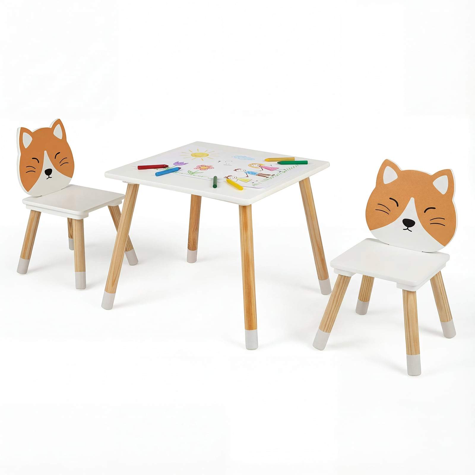 Børnebord og stolesæt – hvid, træben, kattedesign