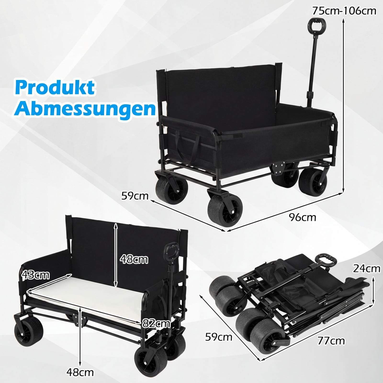 2-i-1 foldbar strandvogn med sæde – justerbart håndtag, sort