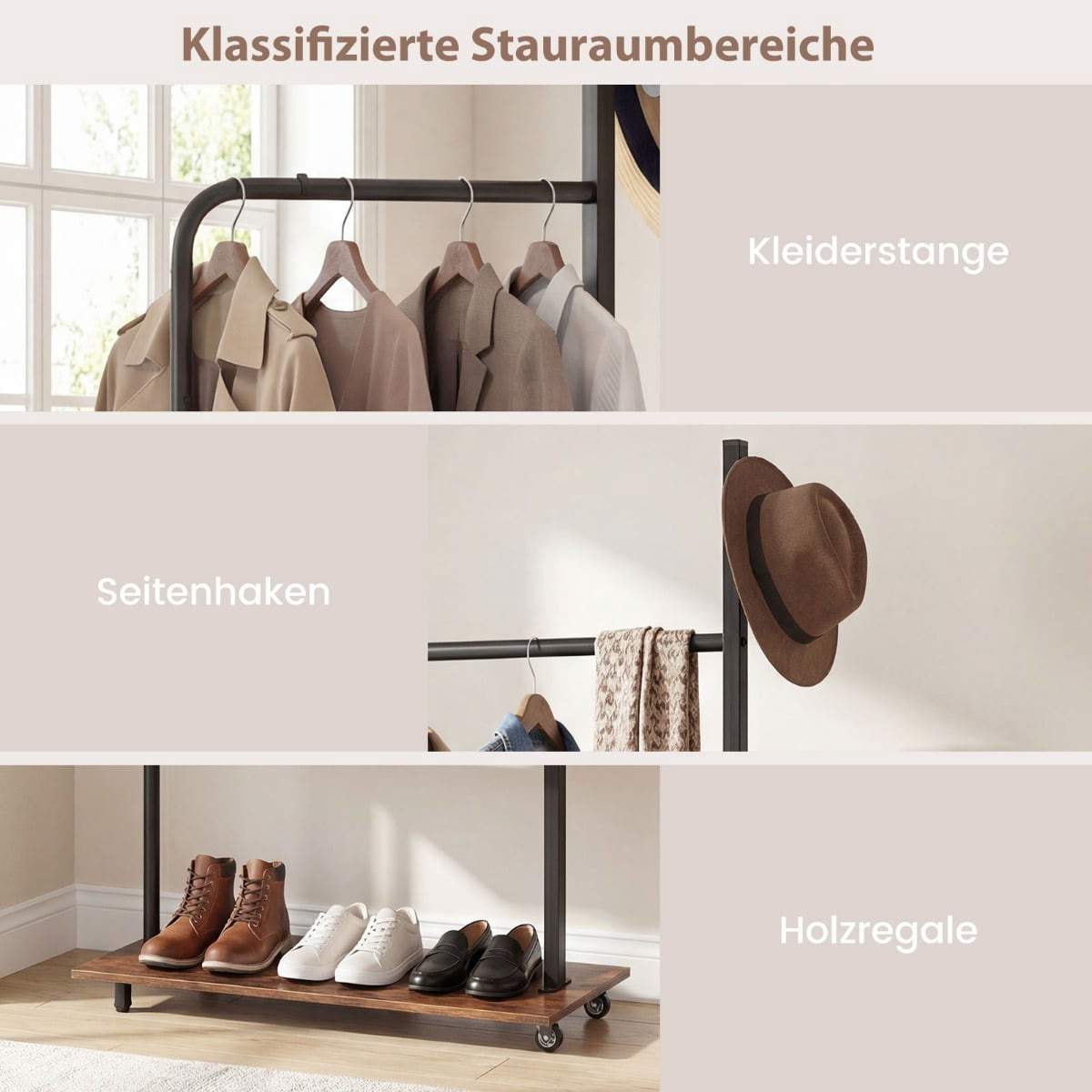 Tøjstativ med kroge og hylder – mobil, 60x30x175 cm