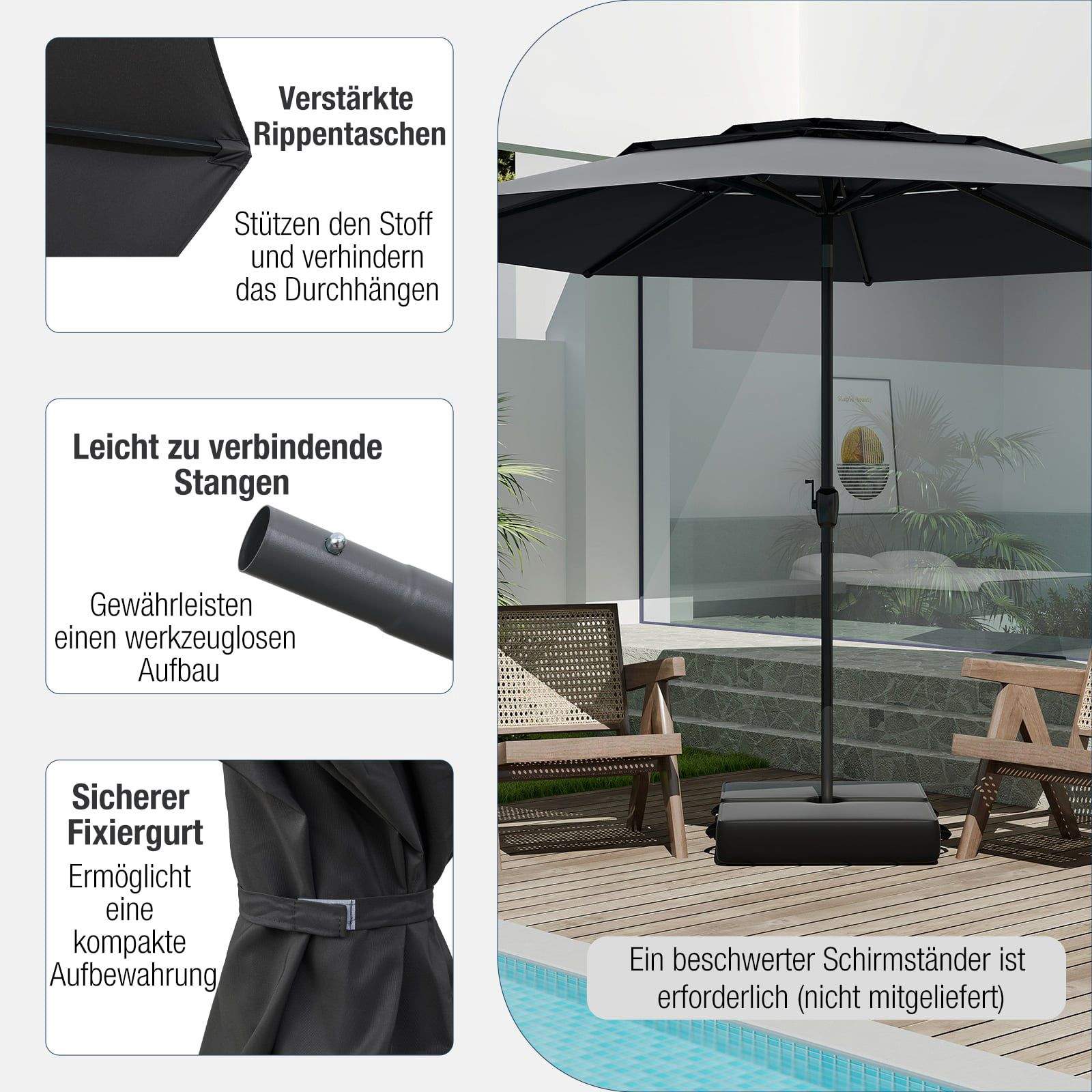 300 cm terrasseparasol – ventileret, vippefunktion, sort