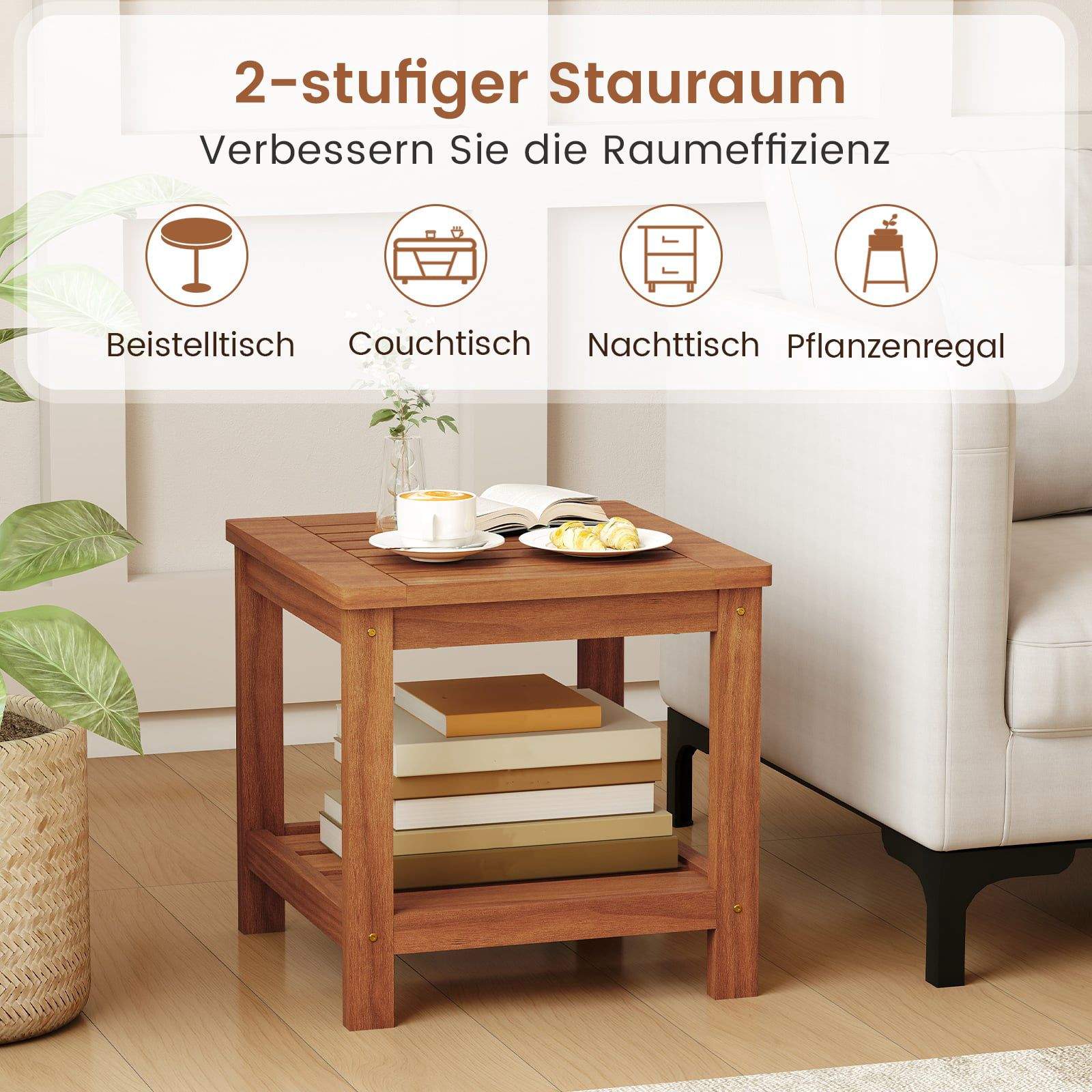 2-lags sidebord i massivt træ med hylde – indendørs/udendørs