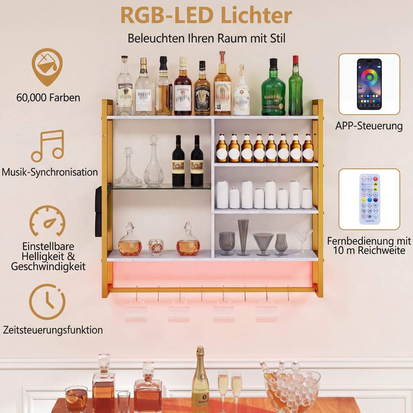 Flytande vägghylla med RGB LED, 6 nivåer, krokar och ficka | Hem & Hobby | Pryloteket