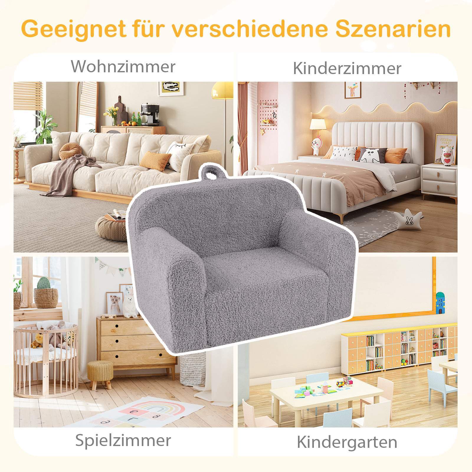 Børne minisofa – Teddy velour, grå, 62x40x41 cm