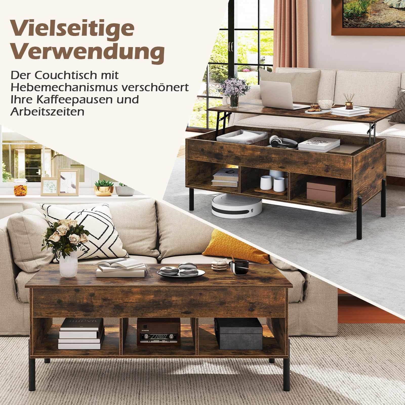 Justerbart sofabord med løfteplade og opbevaring, brun