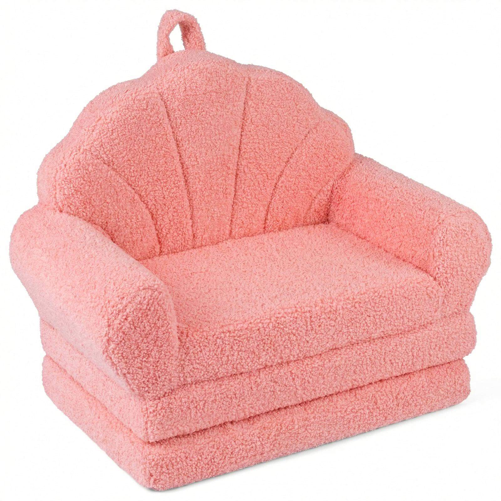 2-i-1 børnesofa – blød lyserød plys, nem at rengøre