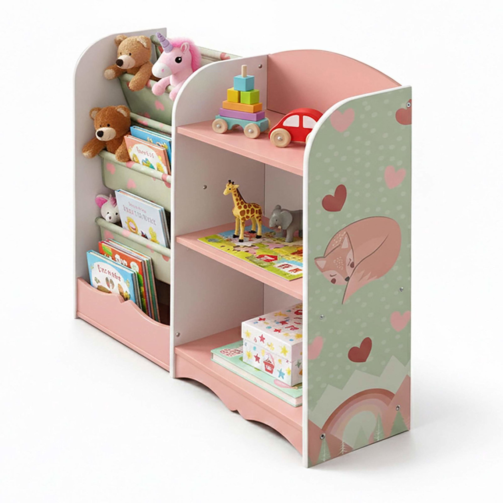 Børnelegetøjshylde med 7 rum og rævedesign