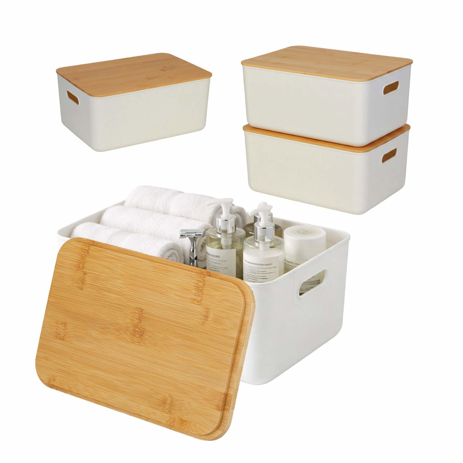 Plastikopbevaringssæt med bambuslåg – Stabelbare arrangører