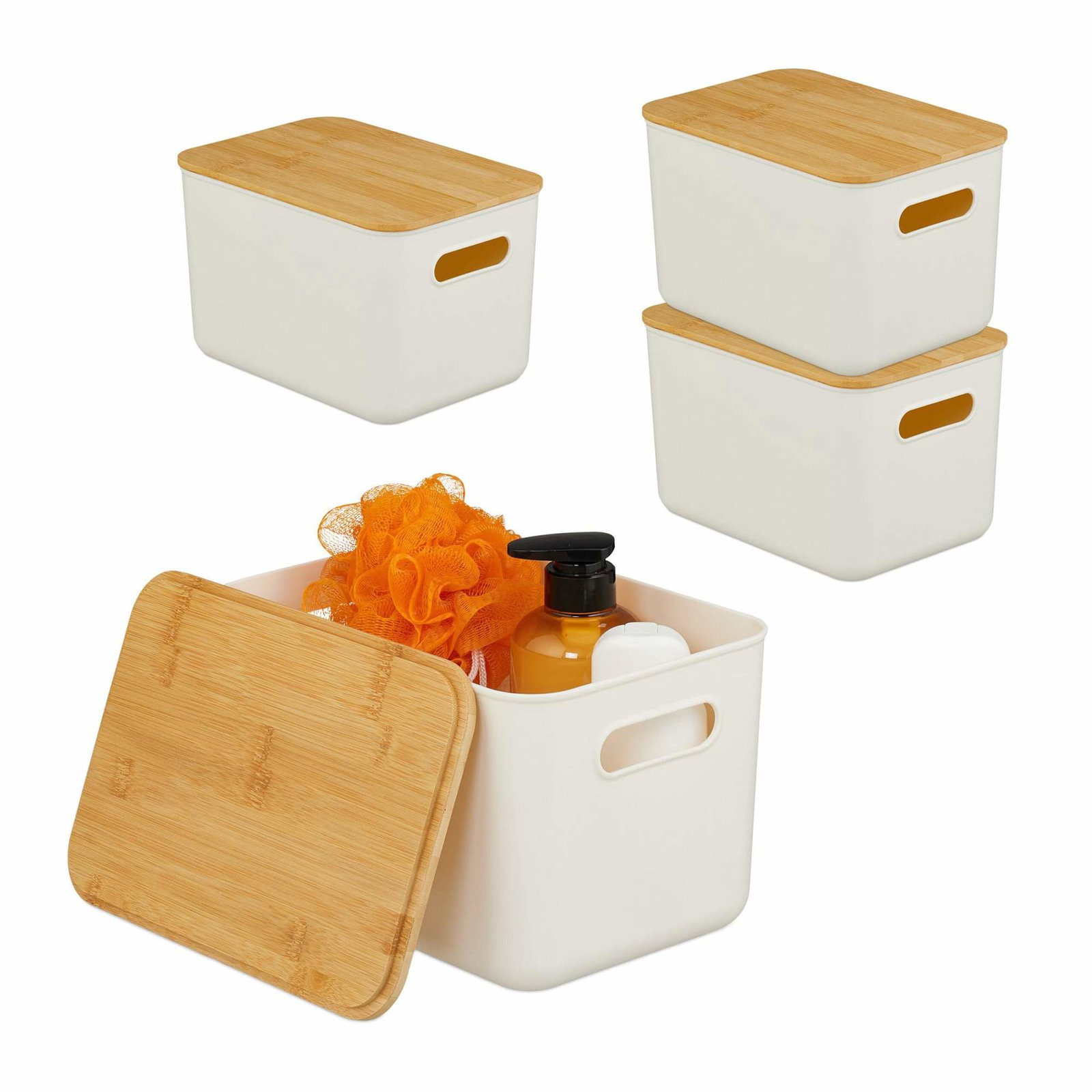 Plastikopbevaringssæt med bambuslåg – Stabelbare arrangører