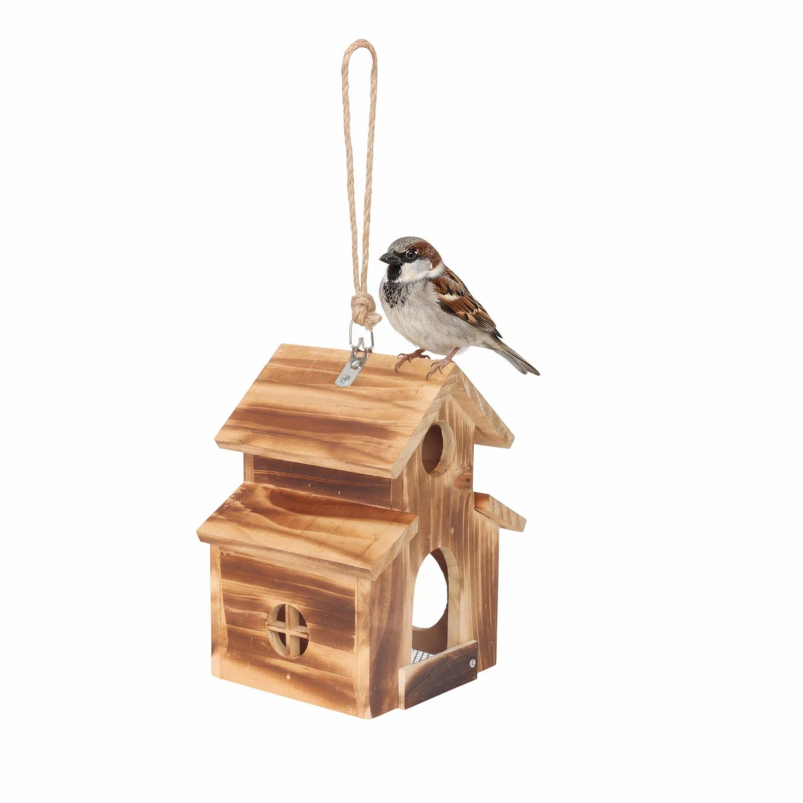 Fuglefoderautomat i flammet træ – netbase, hængende design