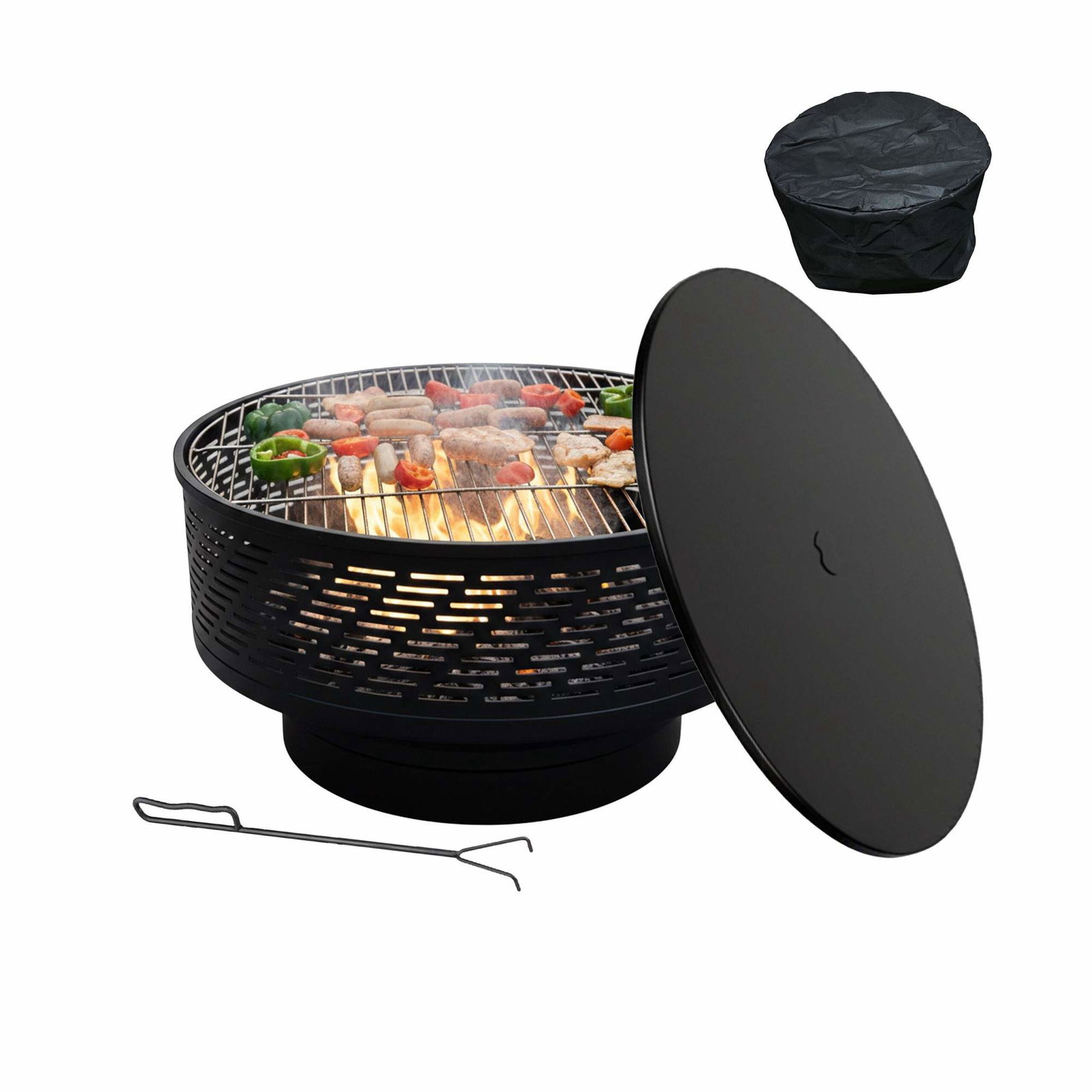 Bålskål med låg og grill – Rustfrit stål, sort