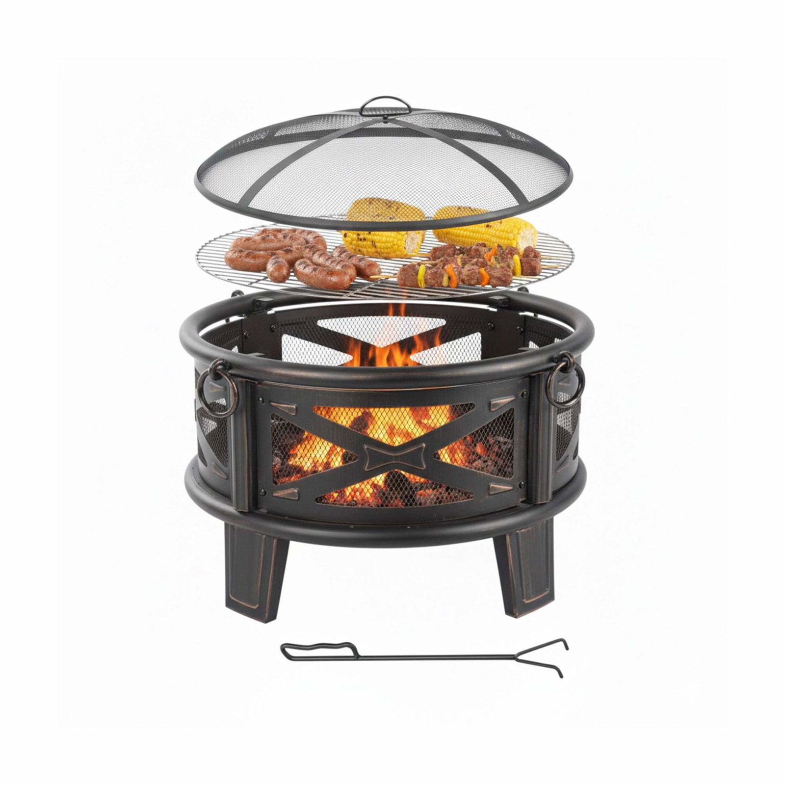 Bålskål med grill – gnistbeskyttelse, rustfrit stål