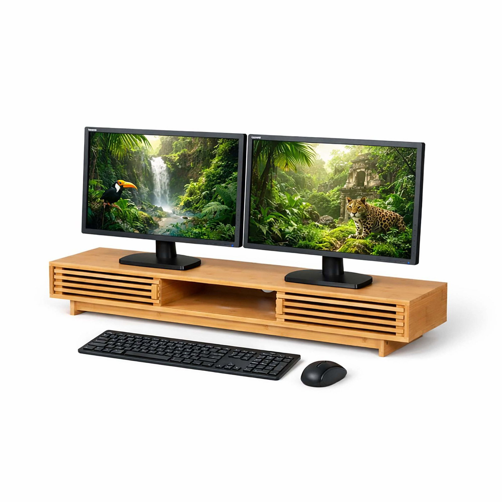 Skærmstativ med 3 rum – bambusfinish