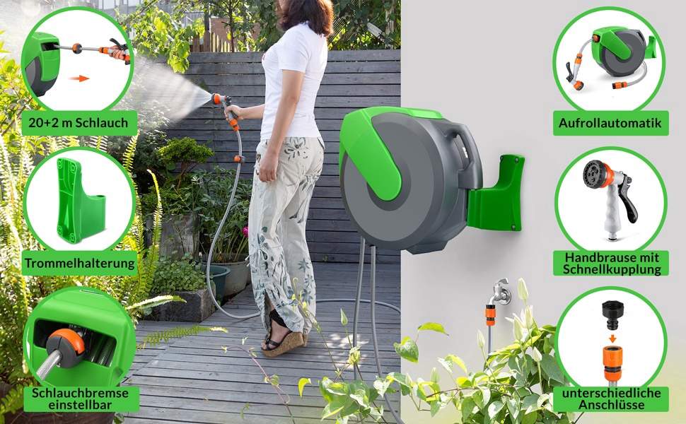 Automatisk udtrækkelig haveslangeopruller – 20 m med dyse