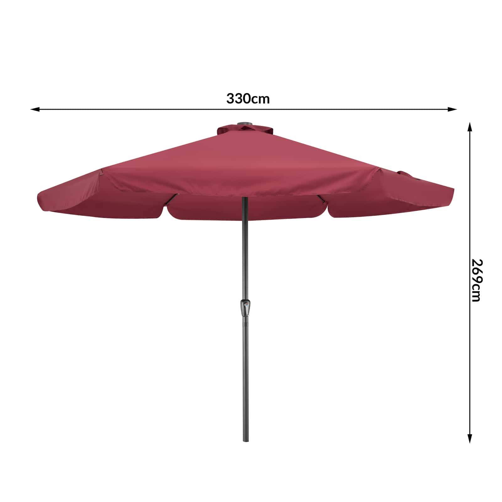 LED solcelledrevet terrasseparasol, rød, 330 cm, UV 80+ beskyttelse