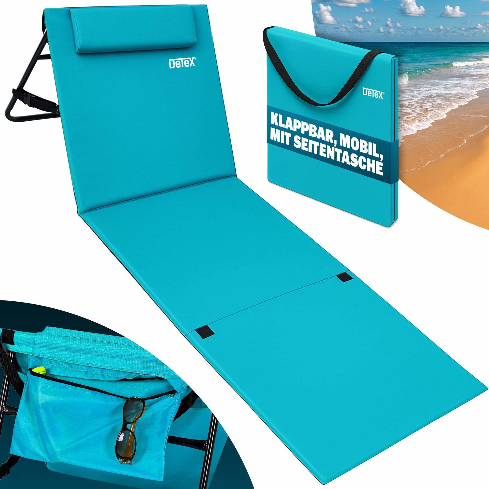 Turkos strandmatta med justerbart ryggstöd och ficka | Hem & Hobby | Pryloteket
