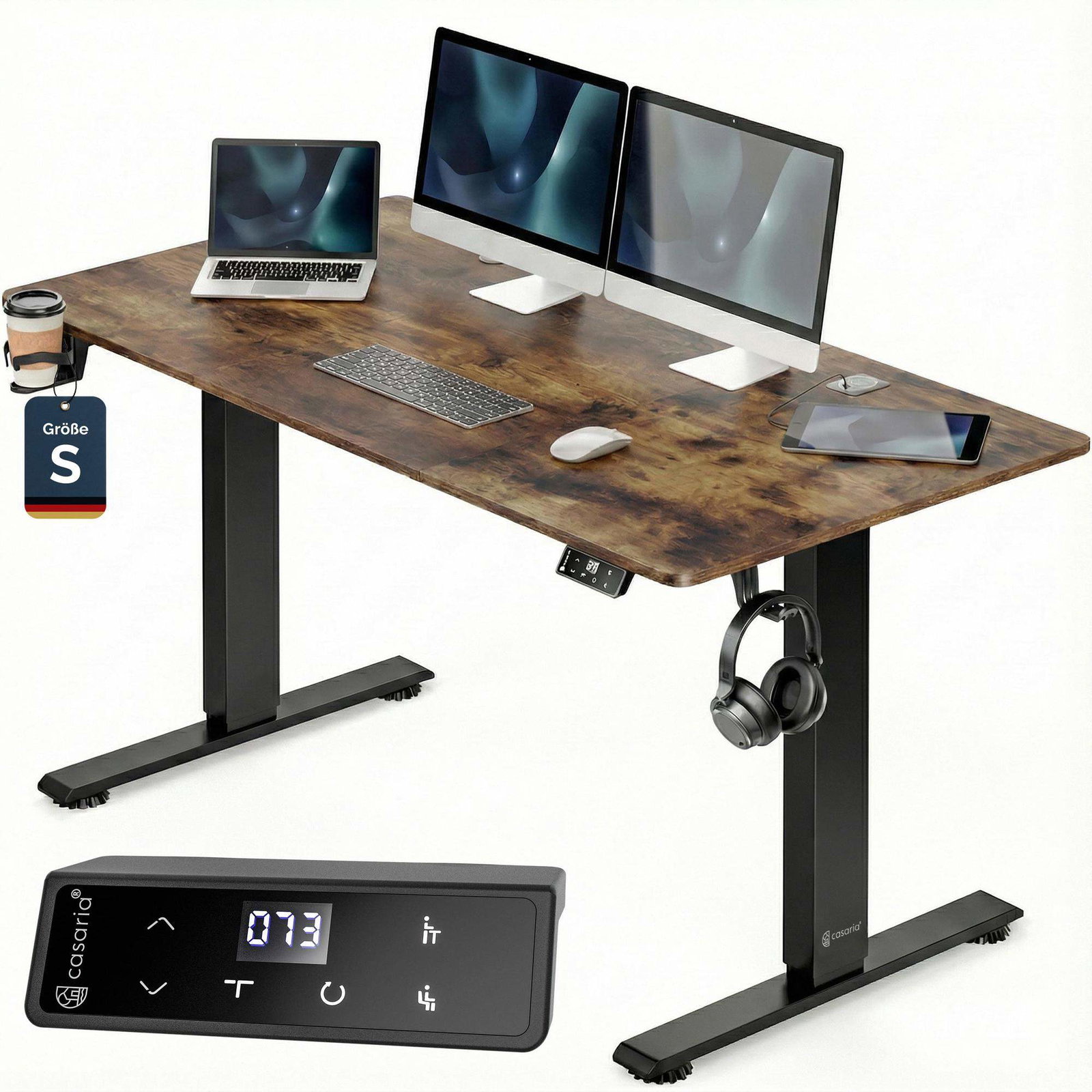 Højdejusterbart skrivebord, brunt, 120x60 cm, trådløs oplader