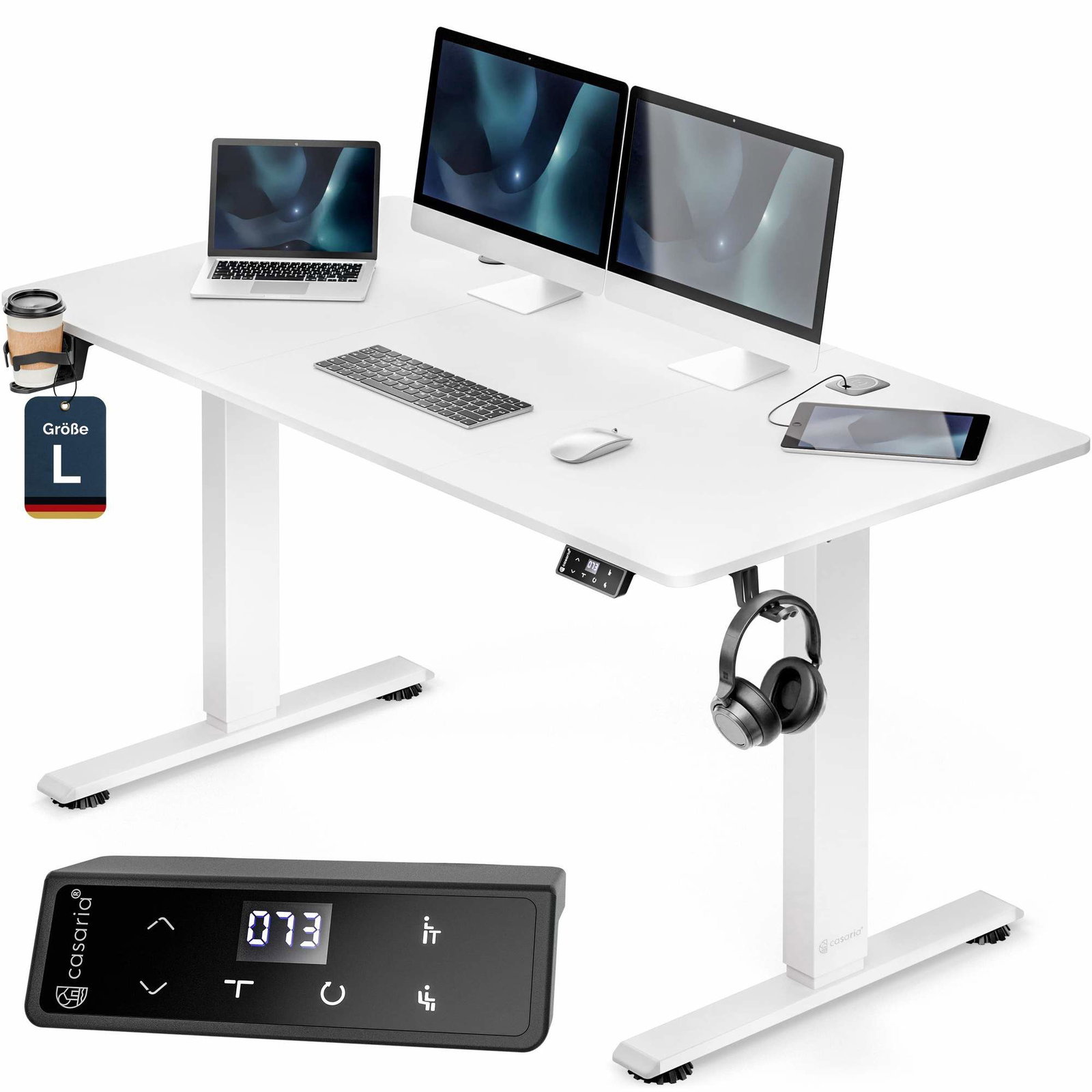 Højdejusterbart skrivebord, hvidt, 140x60 cm – trådløs oplader