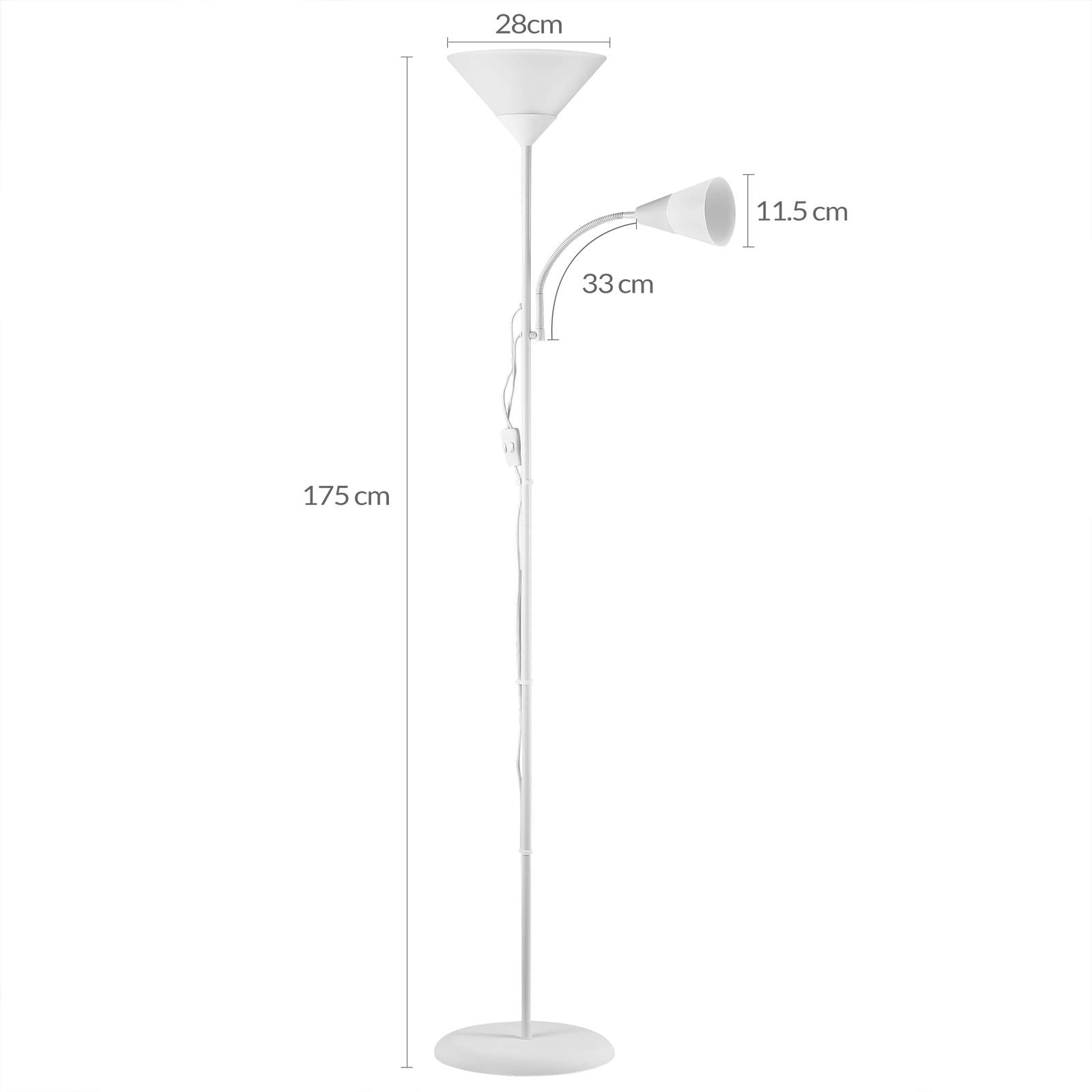 Gulvlampe med justerbar læsearm – hvid, 175x28cm