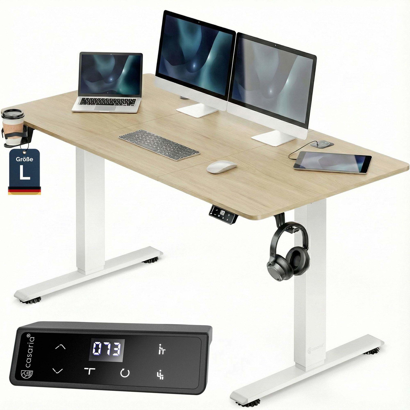 Højdejusterbart skrivebord, beige 140x60cm, trådløs oplader