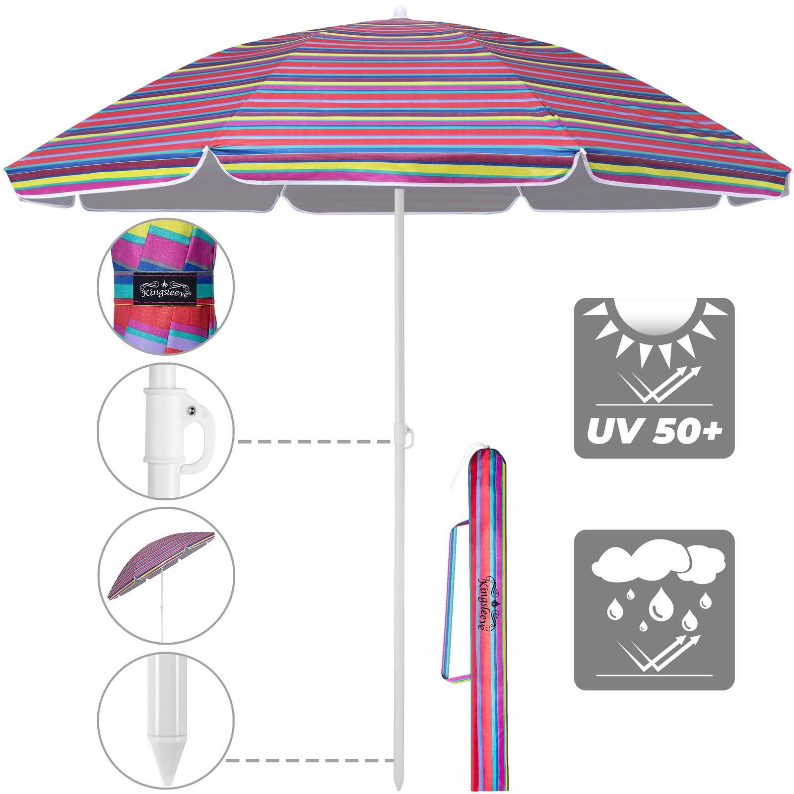 Flerfarvet 2m strandparasol – Vippe- og højdejusterbar