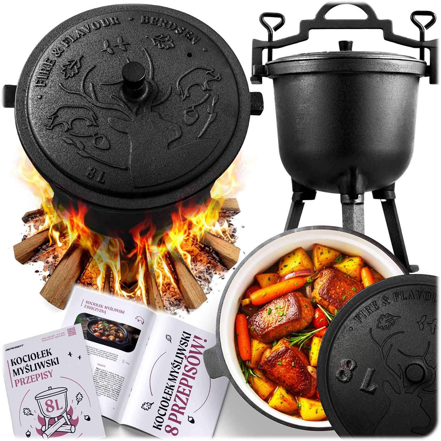 Emaljeret støbejernsgryde 8L til madlavning over bål