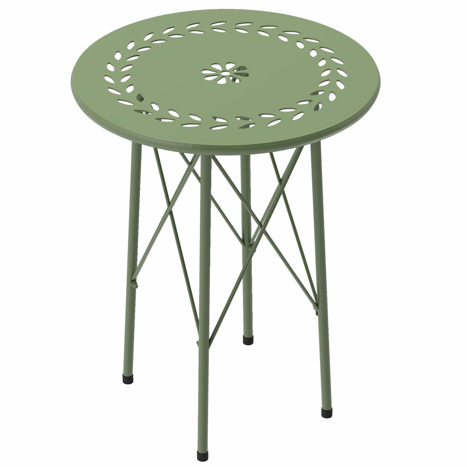 Lille rundt sidebord i stål – blomsterdesign, grøn