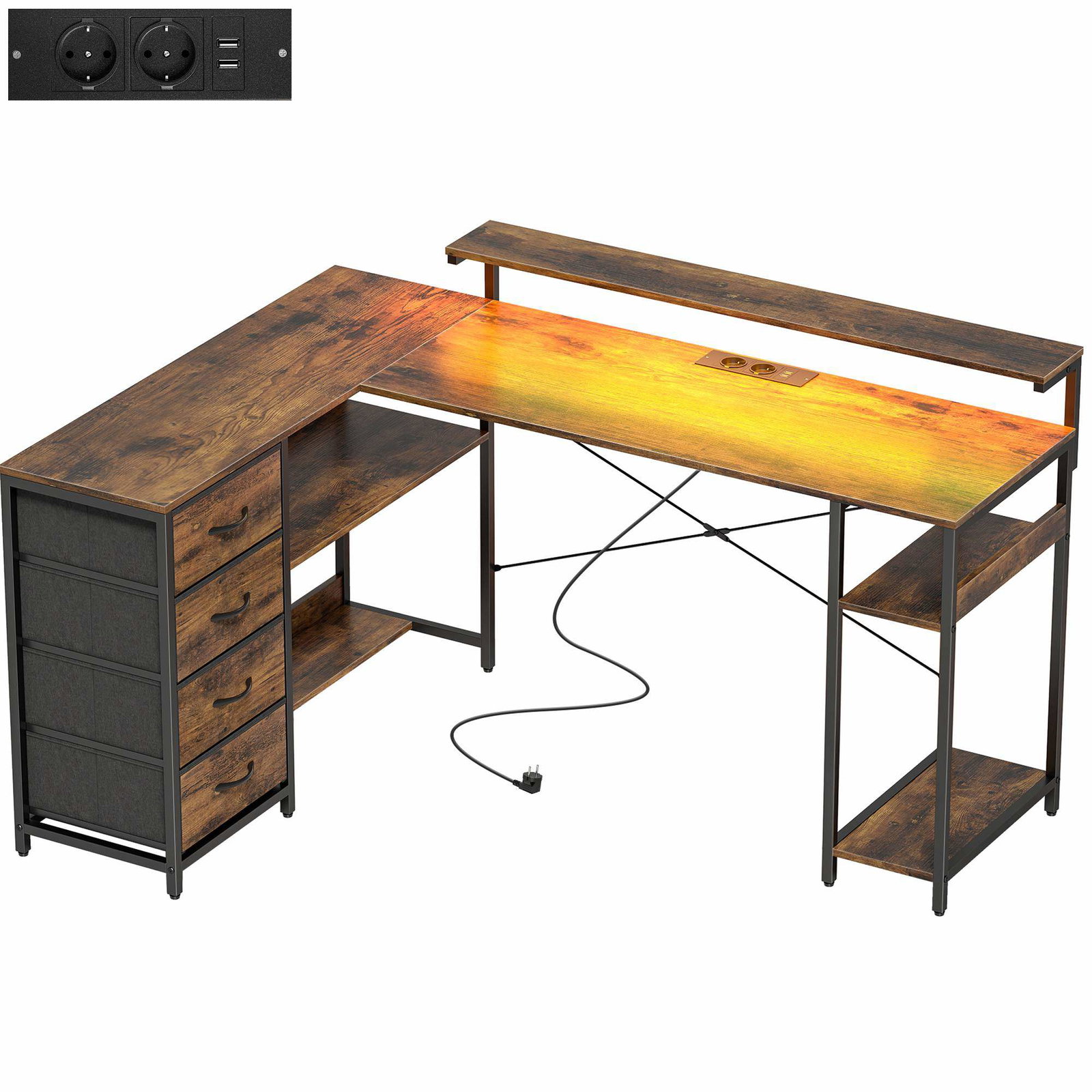 L-formet gamingbord med LED, stikkontakt, 4 skuffer