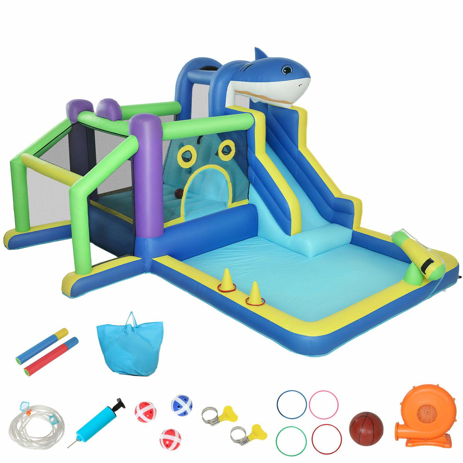 Oppusteligt hoppehus med haj, rutsjebane og pool 405x345x235cm