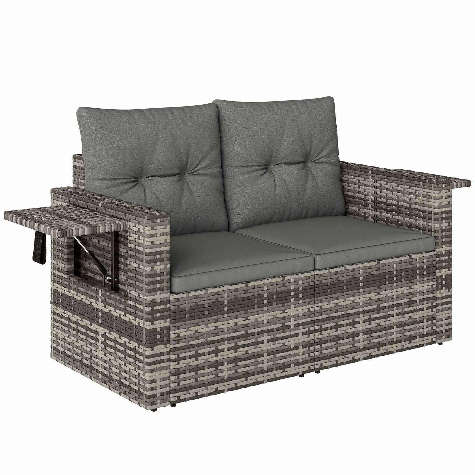 2-personers rattansofa med hynder, foldbare sideborde