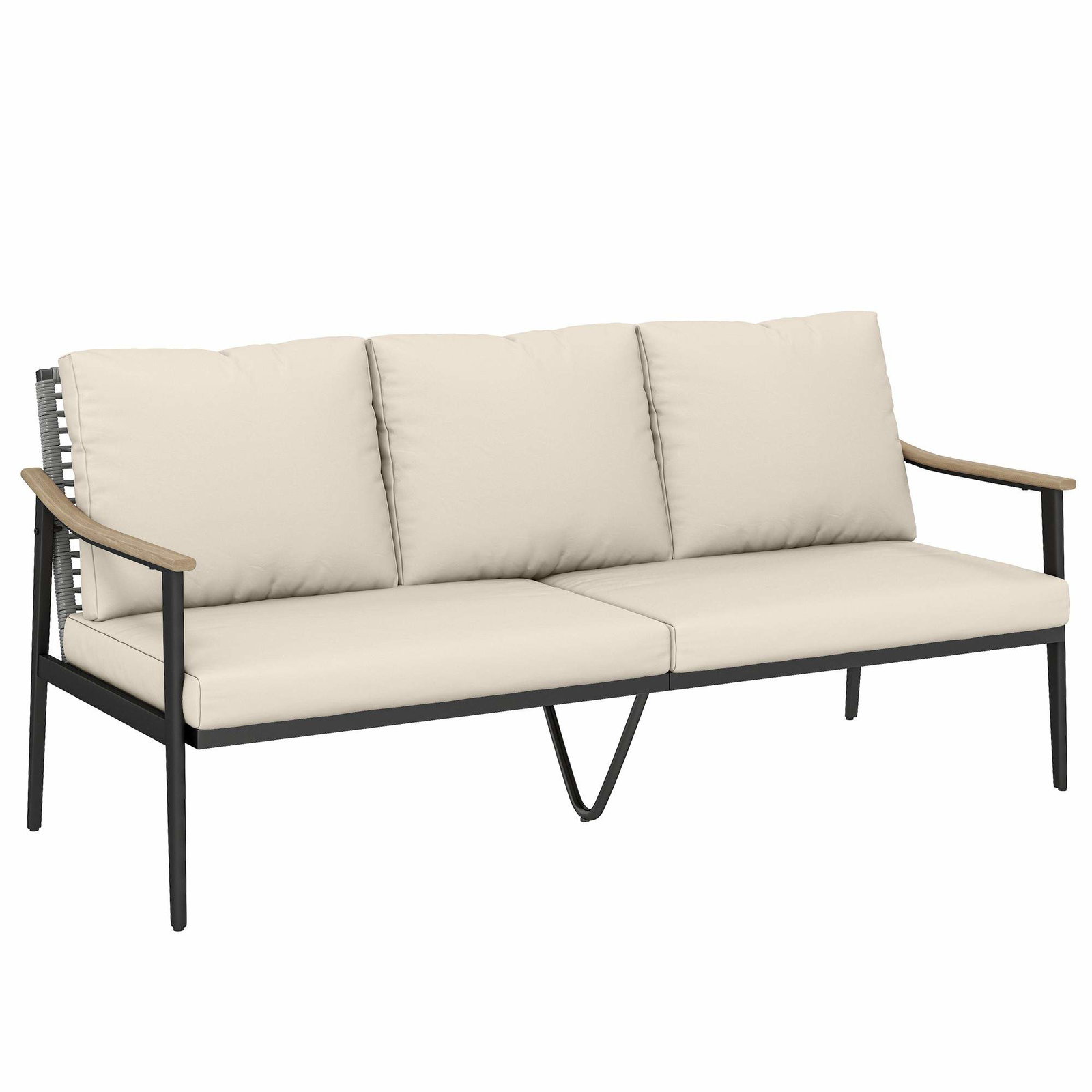 3-personers rattansofa med aftagelige hynder, khaki