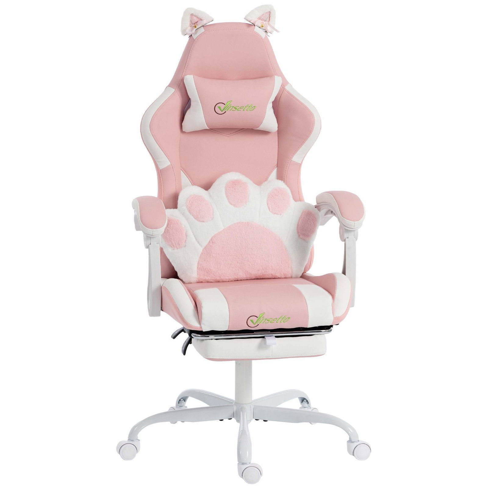 Pink ergonomisk gamingstol med katteører og lændestøtte