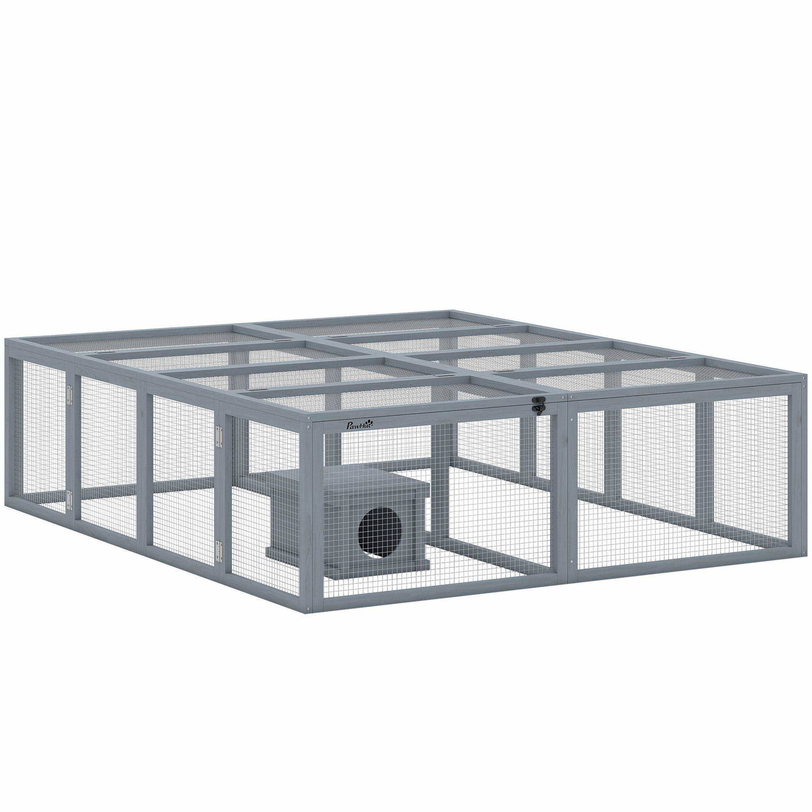 Kaninbur i træ med ly, to døre, grå, 180x150x48 cm