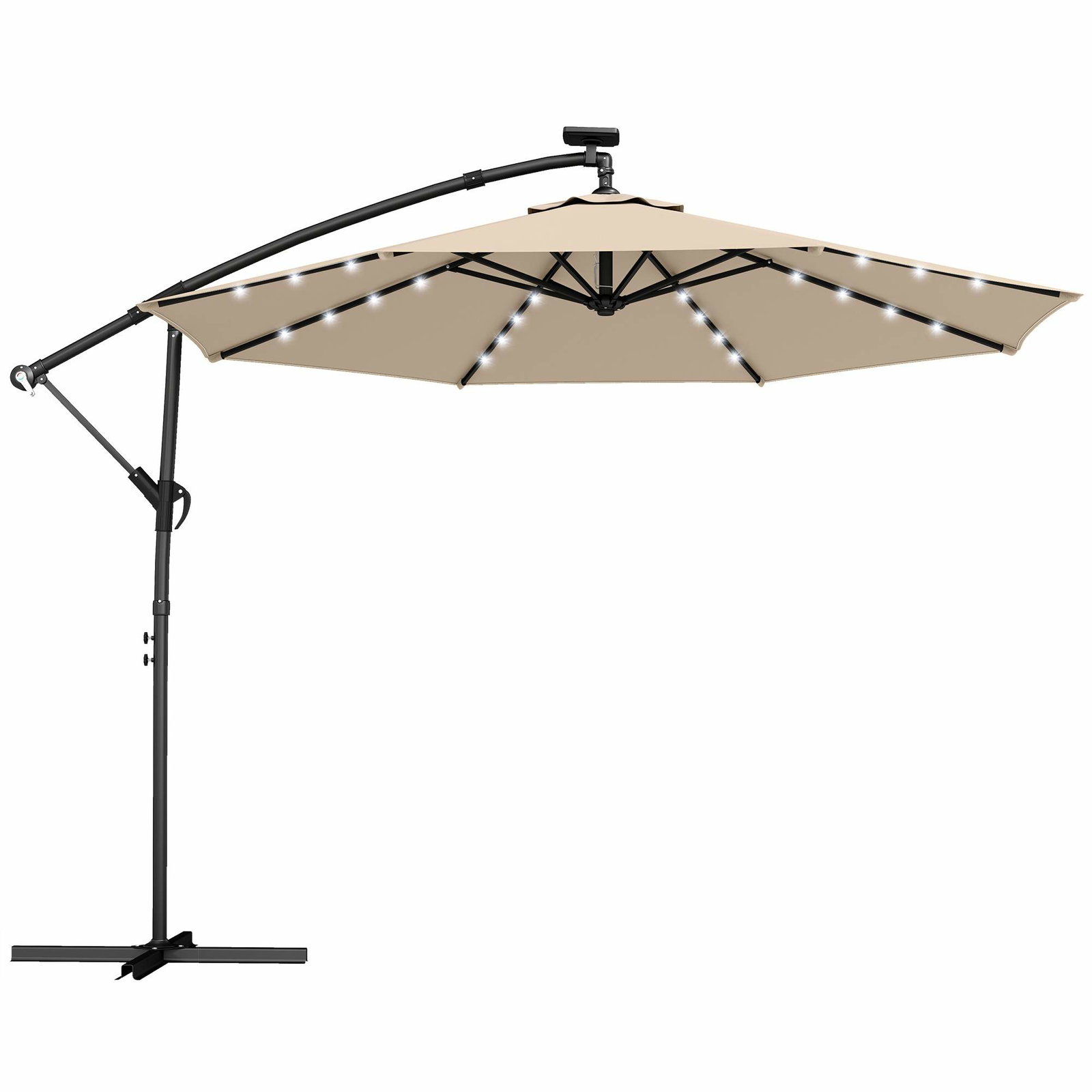 Solcelledrevet LED-terrasseparasol, 300 cm, roterende, beige