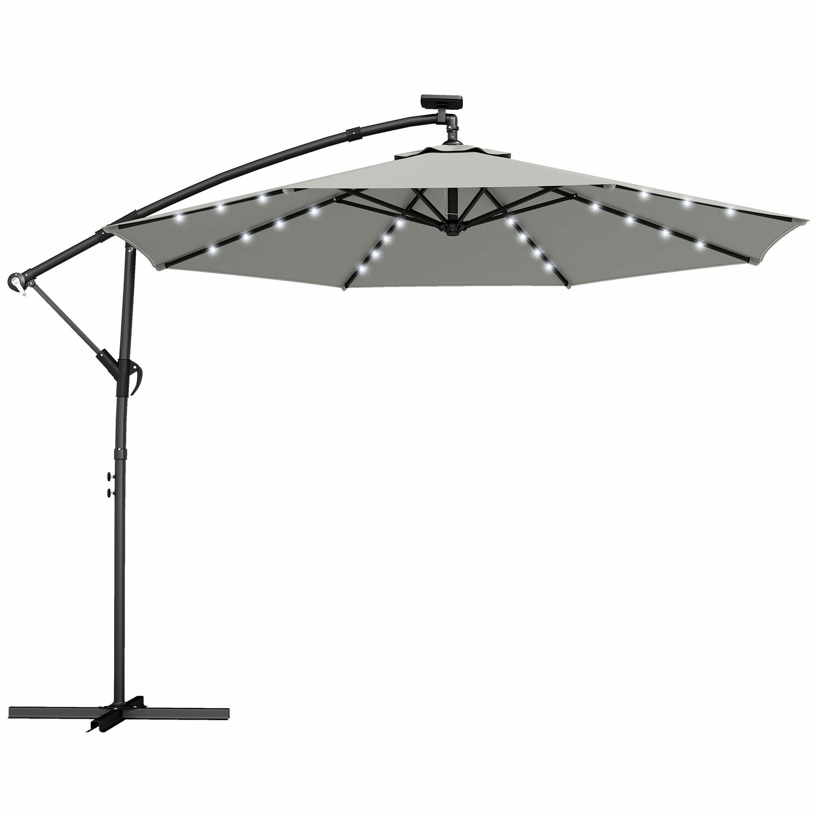 LED solcelledrevet terrasseparasol, 300 cm, drejelig, lysegrå