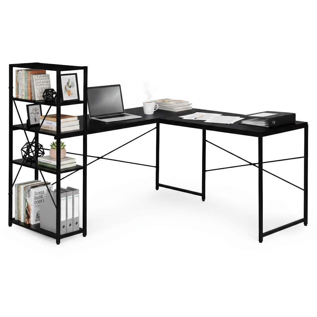 Hjørneskrivebord med hylder – Sort MDF og metalramme
