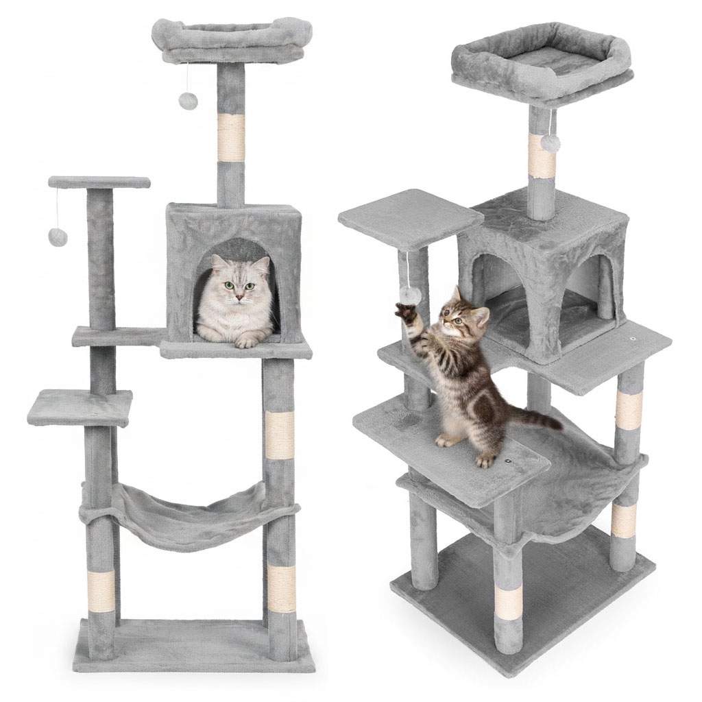 Kattetårn med hængekøje og platforme – 146 cm grå