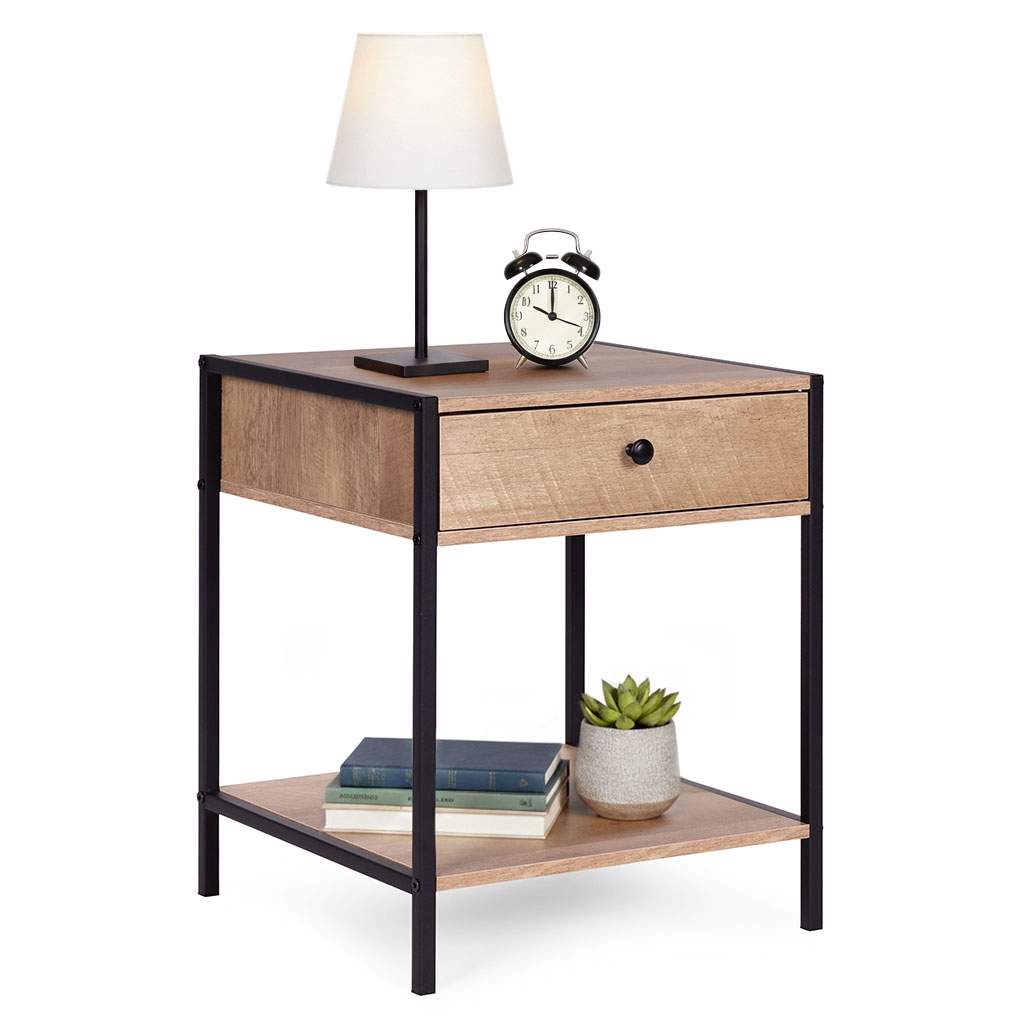 Loft sengebord med skuffe og hylde – lys eg