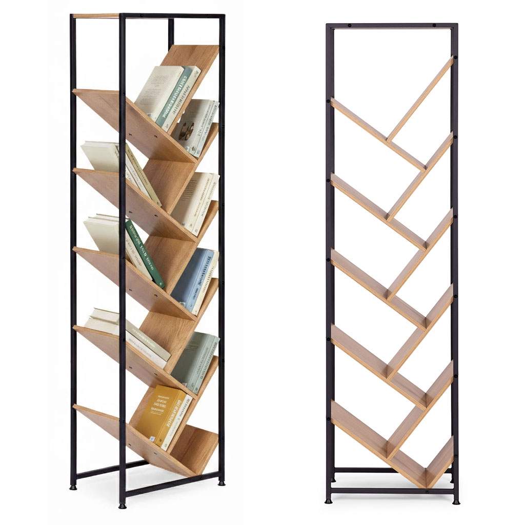 Geometrisk træbogreol – 10 hylder, lys eg MDF